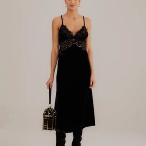 Farm Rio Black Richelieu Velvet Slip dress